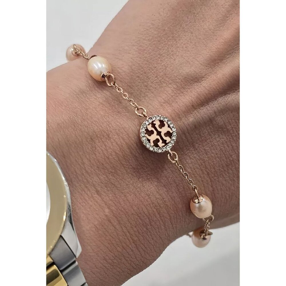 Tory Burch Miller Pave Logo Cultured Pearls Bracelet Rose Gold OS - Picture 4 of 12